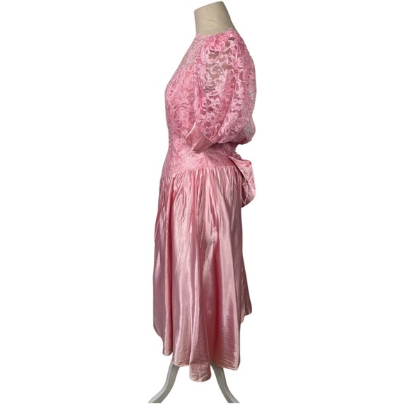 Vintage 80s Pink Lace Puff Sleeve Satin Dress Bow Back Formal Petite Small Prom - Picture 3 of 11